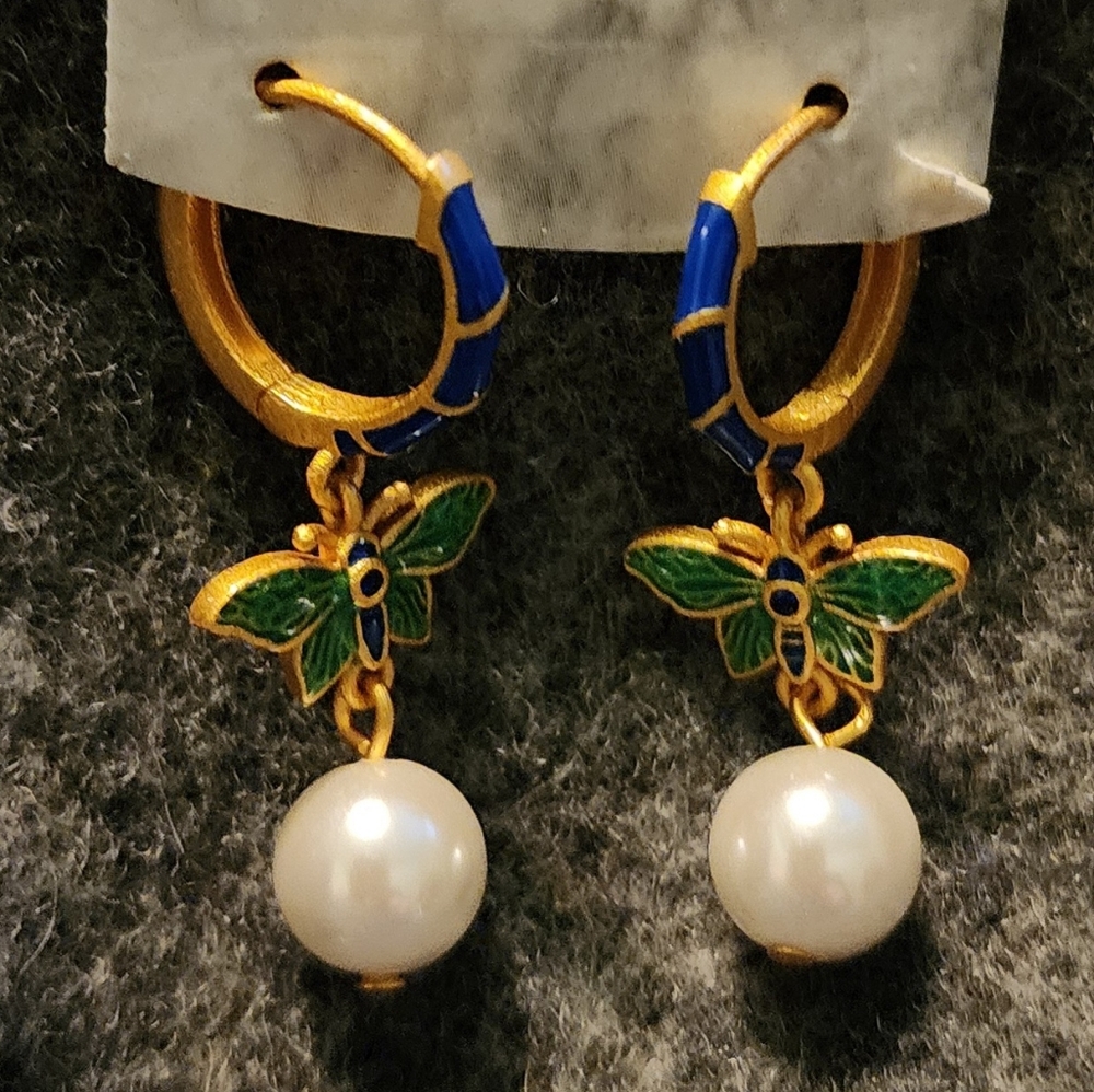 Butterfly & Pearl Enamel & 18kt Gold Plated Earrings *New